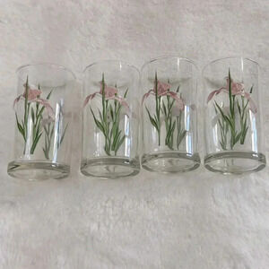 Vintage 4 Pink Iris Juice Drinking Glasses Tumblers Pink Floral Set Cottagecore